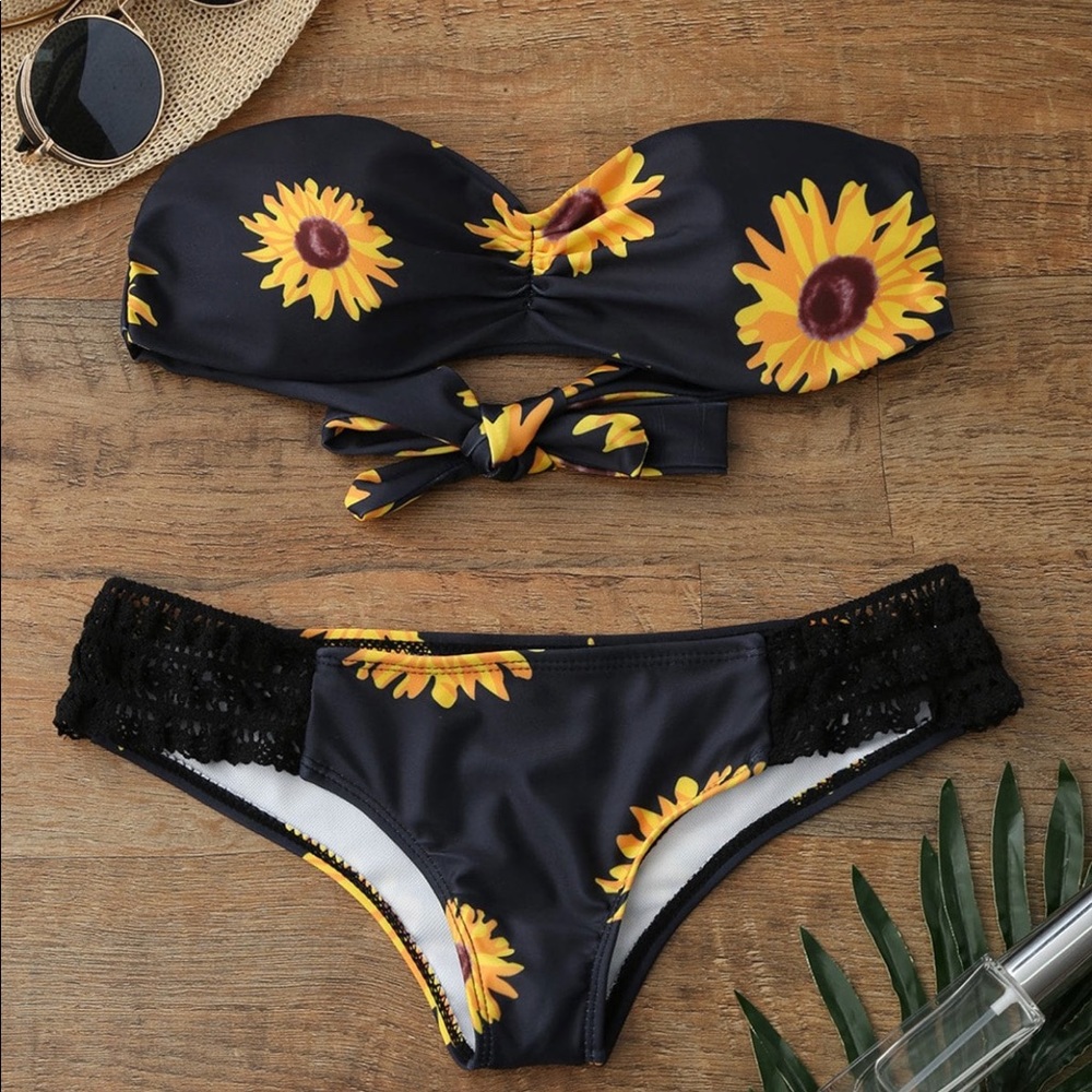 Sunflower Print Bandeau Bikini Bathing Suit